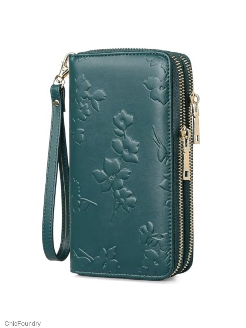 Large Capacity Vegan Leather RFID Blocking Double Zip Wristlet Wallet with Card